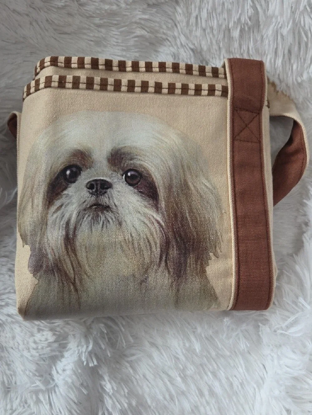 Canvas Dog Tote Bag with Shih Tzu Print - Brown & Cream